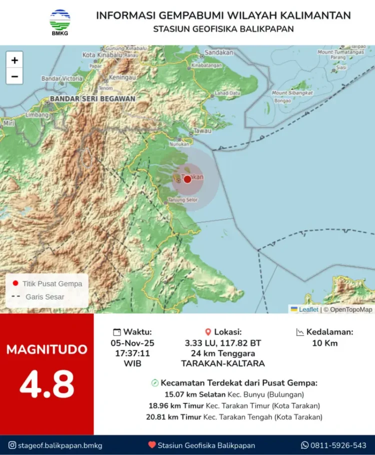 Gempa Magnitudo 4,8 Guncang Tarakan dan sekitarnya